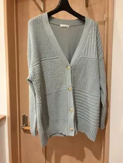 ケーブル編みVネックカーディガン ブルー系 ゆったり カジュアル　L