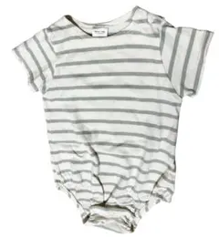 【80】ボーダー 半袖ロンパース 白×くすみグリーン 肩ボタン