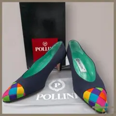 【POLLINI】パンプス 37.5 マルチカラー ポインテッド 紺【A361】のサムネイル