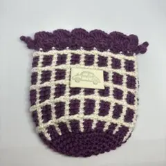 紫と白のチェック柄 巾着袋