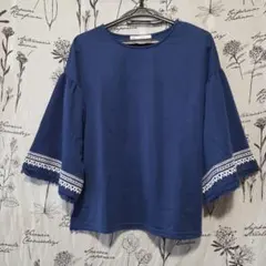 285 ikka ネイビー 刺繍袖 カットソー プルオーバー