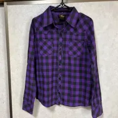 紫と黒のチェック柄 長袖シャツ M