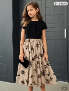 子供用ワンピース⭐︎黒ベージュ フラワープリント128-134㎝