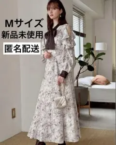 新品　GRL グレイル　花柄ボウタイショルダーオープンフレアワンピース