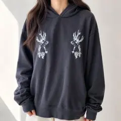 KMK 鹿プリント ビッグシルエットパーカー 黒 #176のサムネイル