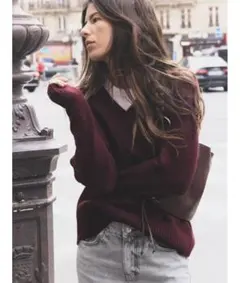 ZARAザラ新品VネックニットセーターバーガンディーM