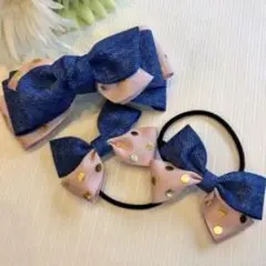 親子リボンお揃いリボン　ブルーデニムピンクゴールドドットミルフィーユとちょうちょ