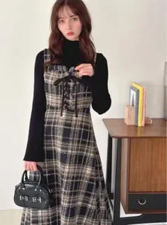 GRL チェック柄レースアップキャミワンピース