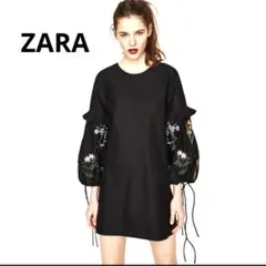ZARA　ザラ　ワンピース　チュニック　刺繍　黒　ブラック　リボン　レア