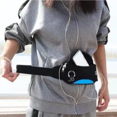 ●新品●ボディバッグ ランニングバッグ ウエストポーチ＜黒×水色＞大容量 防水