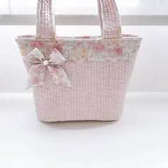 【一点限り】リバティ×ヌビ　リボンチャーム付き楕円底ヌビバッグ