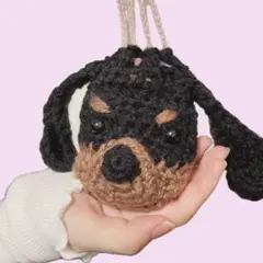 ハンドメイド品♡編み物♡手編みのわんこ巾着ポーチ♡ブラックタン