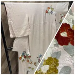Z-736 付け下げ花柄刺繍 淡いピンク色カラフルな花柄 バチ衿暈し八掛8/12