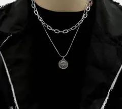 シルバー 2連ネックレス メダルチャーム付き