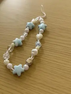 水色 星型ビーズ スマホストラップ