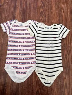 プチバトー 半袖ボディスーツ ロンパース 2枚セット ボーダー ロゴ