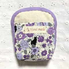 ハンドメイド、猫ちゃん、花柄の縦長ポーチ、きなり、紫