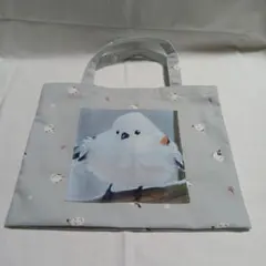 エコバッグ大きめ　シマエナガ　パネル付グレー