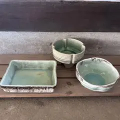 陶器の花器 3点セット　緑色系