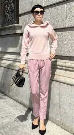 ピンク パイピングフード付きニット長袖トップス　S