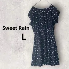 Sweet Rain 【L】鳥柄 半袖 ワンピース ネイビー バードプリント