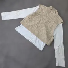 ★b2887 ZARA【S】ベージュ 切替ニットトップス タートルネック