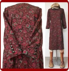 古着♪レトロ・赤花柄ニットワンピ♪70年代80年代ヴィンテージ昭和モダン衣装