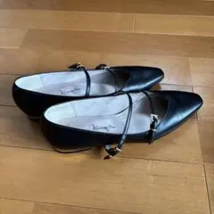 かねまつアクアベル　ダブルストラップ黒フラットシューズ 22.5cm