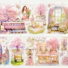 ◤海外マステ◢✨新品✨　PETシール　楽しい時間　さくら　約2ｍ　ピンク　マット