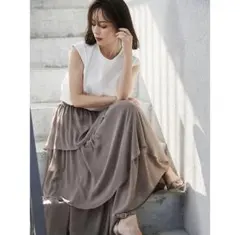 【anuans】ランダムヘムティアードスカート カーキ