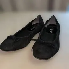 銀座かねまつ ブラック スエード フラット パンプス リボン付き