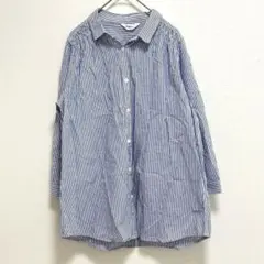 【ネイビー】コットン100％ 水色 ボーダー ストライプ シャツ 7分丈