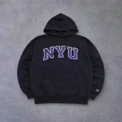 Champion スウェット パーカー カレッジロゴ NYU プルオーバー黒XL