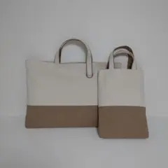 即納！レッスンバッグ　上履き袋　帆布　生成り✕モカ