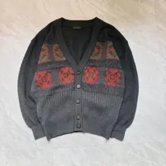 幾何学模様 ニットカーディガン Vネック ウール100% レトロ 古着 日本製