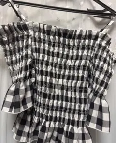 INGNI ギンガムチェック 白黒 オフショルダー パフスリーブ シャーリング