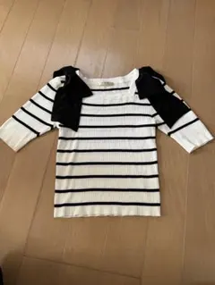 ems ストライプリボン付き五分袖トップス