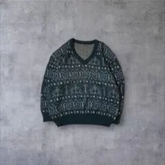 ヴィンテージ・一点物ノルディック柄・総柄 Vネックニットセーター 濃緑系 L相当