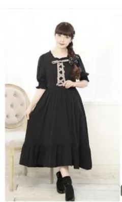【着用感あり】しまむら 青木美沙子 LL リボン編上げワンピース 黒
