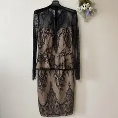 総レースひざ丈ワンピース　ブラックベージュ　結婚式二次会パーティー　ドレス　XL