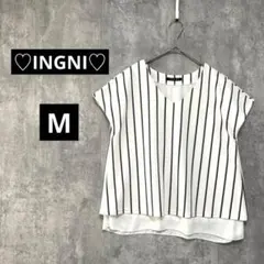 【850】イング【M】ストライプカットソー　内側シフォン　Ｖネック　ふんわり