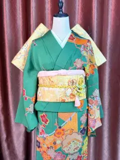 緑色 花柄 訪問着 帯付き4点