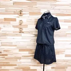 美品【アディダス】ゴルフ ドット ポロシャツ ワンピース モノトーン M 黒×白