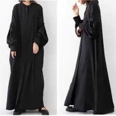 ロングワンピース　マキシ丈　長袖　ぽわん袖　フロントボタン　羽織　モード　春夏秋