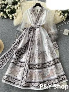 春秋コーデ❤️レディース　ロング丈ワンピース　長袖　エレガント　Ｖライン