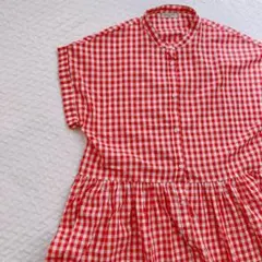 赤ギンガムチェックシャツワンピースコットン綿サマンサモスモス美品チュニックツハル