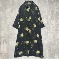 美品花柄 長袖シャツロングワンピース ブラックホワイトM 透け感あり