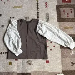 レイヤード風　長袖シャツ チェック　ホワイト　重ね着風　ベスト　ブラウス