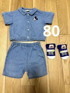 【美品】プティマイン　ミッキーマウス　デニム　セットアップ　ディズニー公式靴下