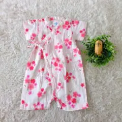 ミキハウス　甚平　ロンパースピンク　花柄　半袖　M　70〜80